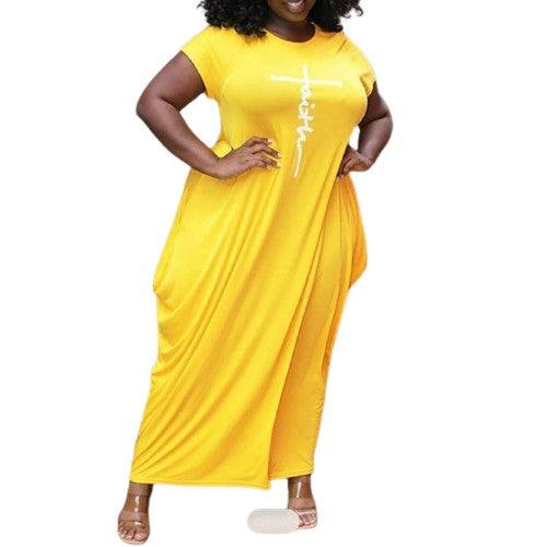 faith maxi dress plus size Rose Faith Plus Size Maxi Dress Wedding Guest Party Short Sleeve Round Neck Geometric Print Casual Straight Hem With Pockets Summer,5XL