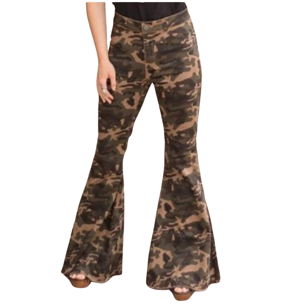 Flare Fit Camo Denim Stretch Jeans Ariya s Apparel and Accessories