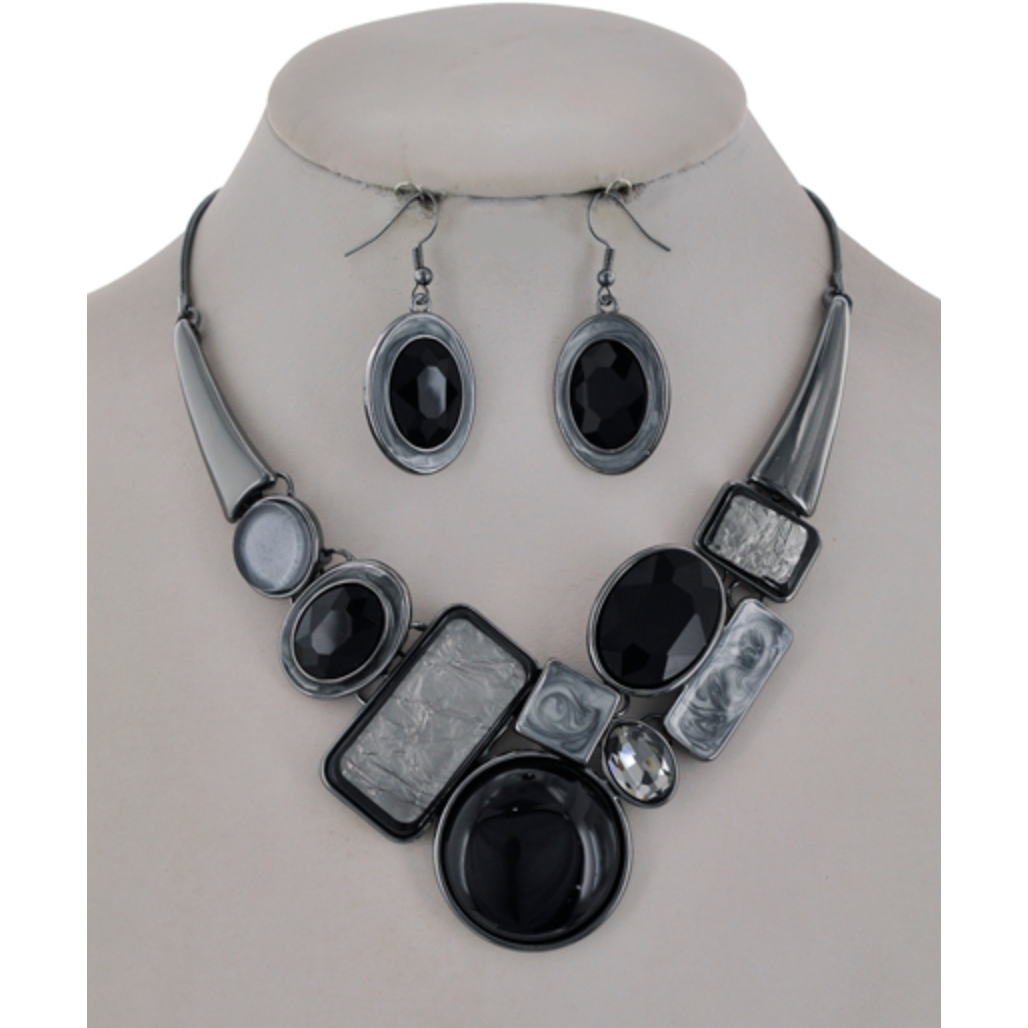 Bejeweled Necklace & Earring Set (Hematite/Black ) - Ariya's Apparel