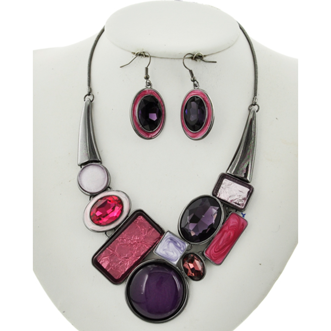 Bejewled Necklace & Earring Set (Purple/Pink) - Ariya's Apparel