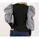 Jenna B&W Checker Puff Sleeve Blouse - Ariya's Apparel and Accessories