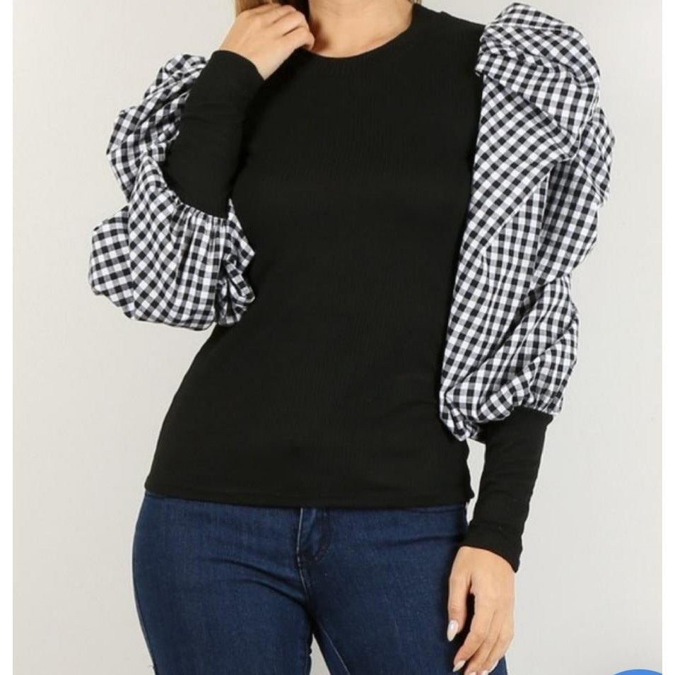 Jenna B&W Checker Puff Sleeve Blouse - Ariya's Apparel and Accessories