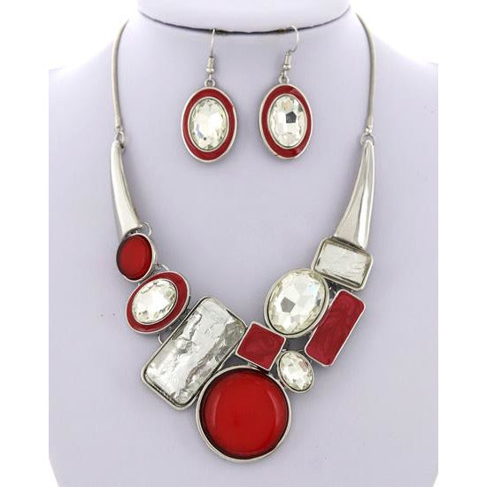 Bejeweled Necklace & Earring Set (Red/White/Silver) - Ariya's Apparel and Accessories