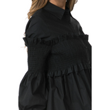 Smocking Button Down Shirt w/ Ruffle Details (Black) - Ariya's Apparel and Accessories