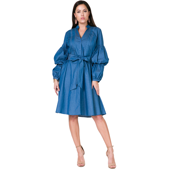 Denim Coat Dress w/ Puffy Sleeves - Ariya's Apparel and Accessories