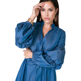 Denim Coat Dress w/ Puffy Sleeves - Ariya's Apparel and Accessories