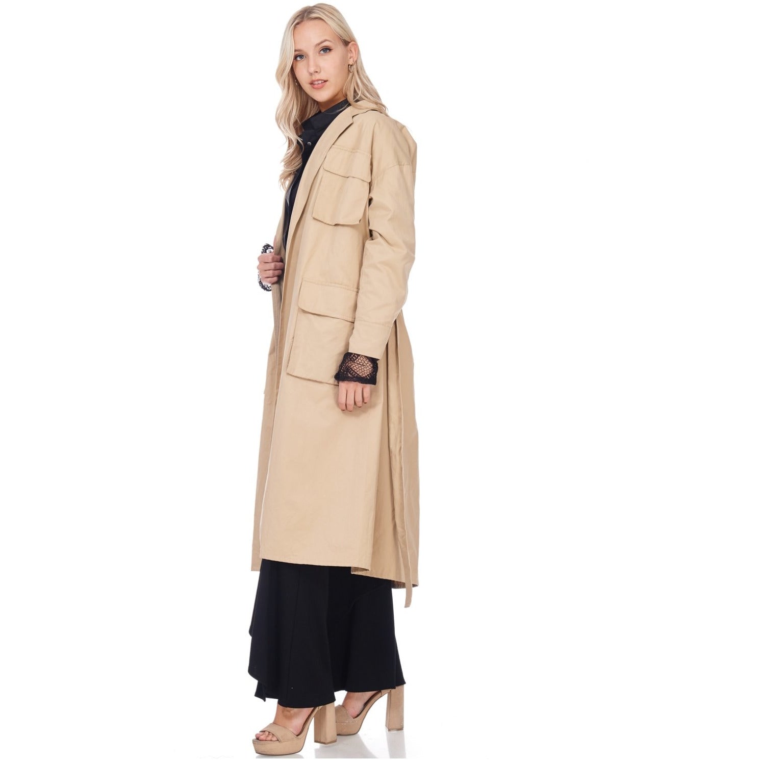 4 Pocket Columbo Style Ladies Trench Coat (Beige) - Ariya's Apparel