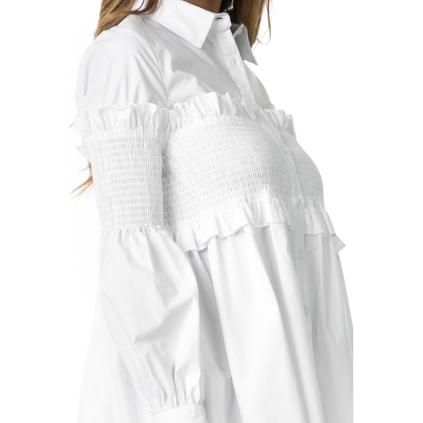 Smocking Button Down Shirt w/ Ruffle Details (White) - Ariya's Apparel and Accessories